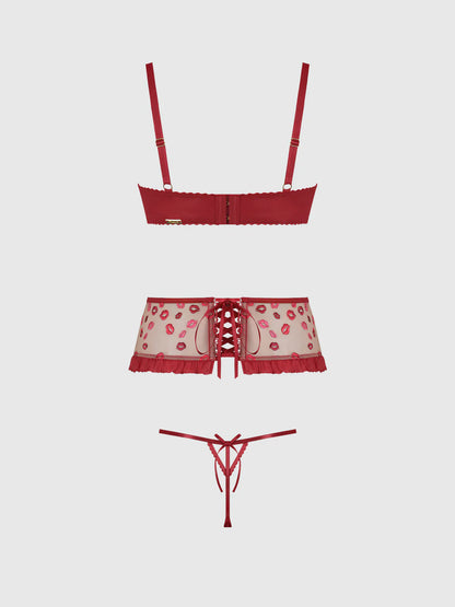 Angelina Lips Embroidery Open Cup Bra Set - House of Desire