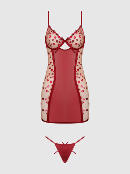 Angelina Lips Embroidery Chemise Set - House of Desire