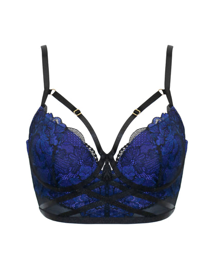 After Hours Padded Longline Bra In Black & Blue - Pour Moi