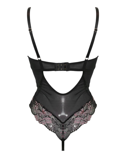 After Hours Underwire Thong Black Bodysuit In Black & Soft Pink - Pour Moi