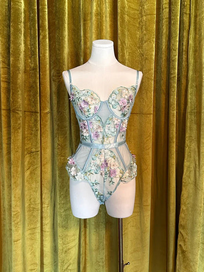 The Embroidery Underwire Bodysuit In Powder Blue Multi - Kilo Brava