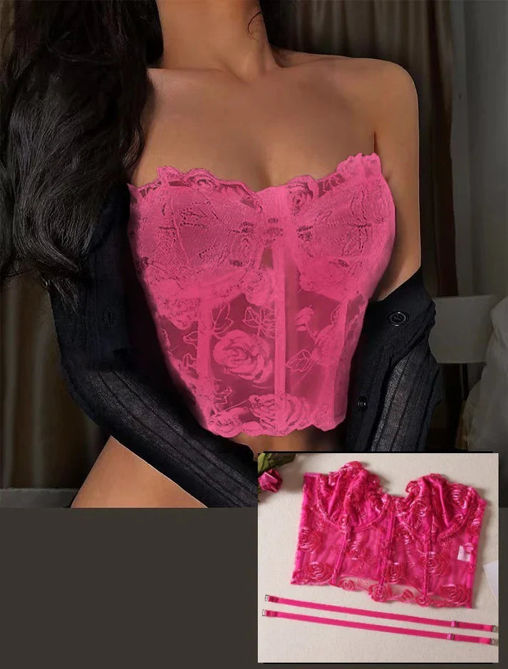 Floral Lace Strapless Corset in Fuchsia - Lovely Lies