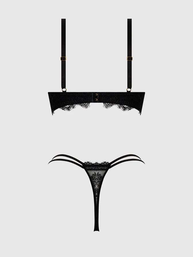 Jocelyn Satin & Lace Strapy Thong In Black - House of Desire