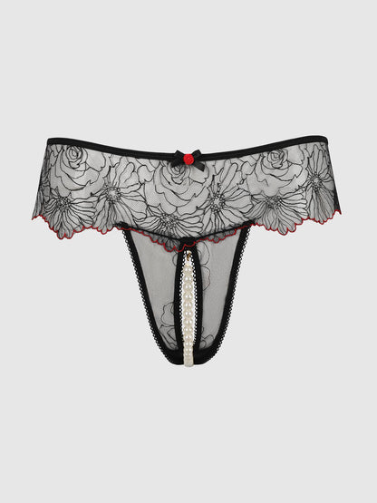 Ilena Embroidered Tulle Pearl Thong - House of Desire