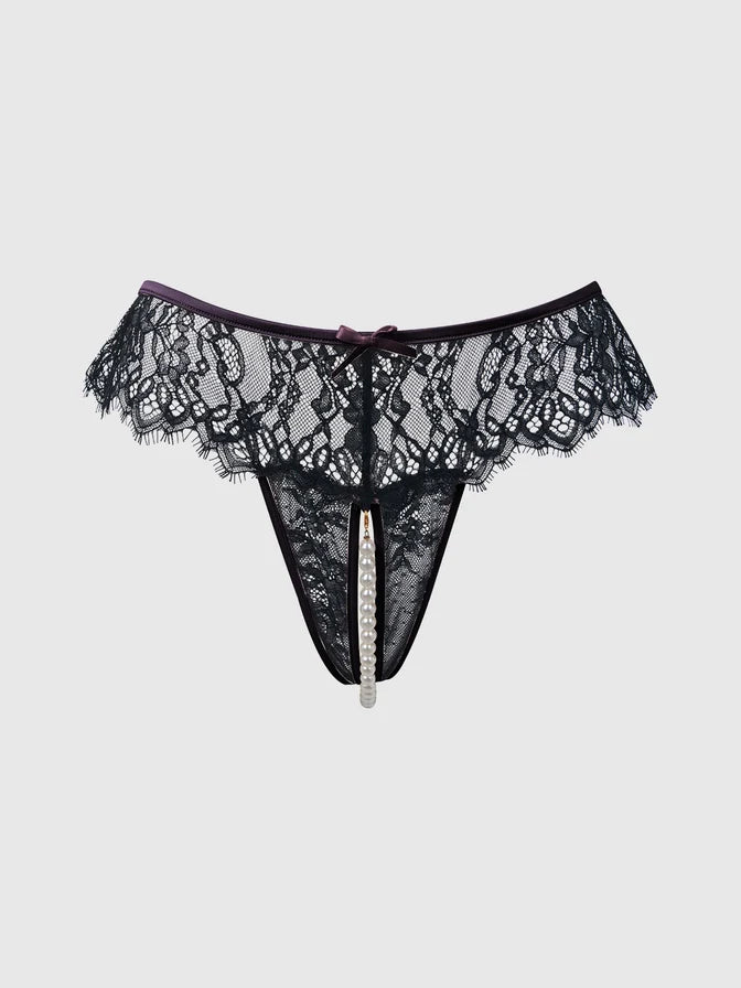 Jocelyn Lace & Pearl Crotchless Thong In Purple & Black - House of Desire