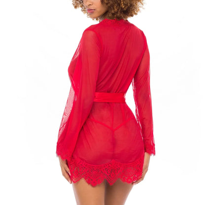 Provence Eyelash Lace Robe With Satin Sash In Red - Oh La La Cheri