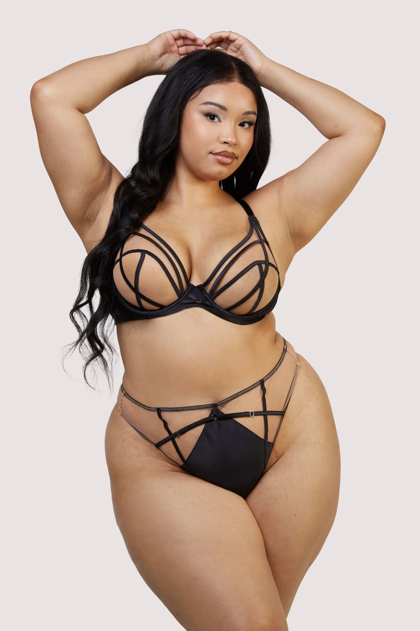 Ramona Strap Detail Illusion Mesh Plunge Bra In Black - Playful Promises