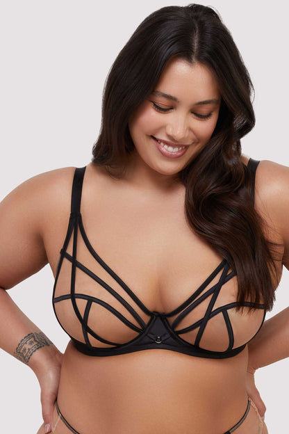 Ramona Strap Detail Illusion Mesh Plunge Bra In Black - Playful Promises