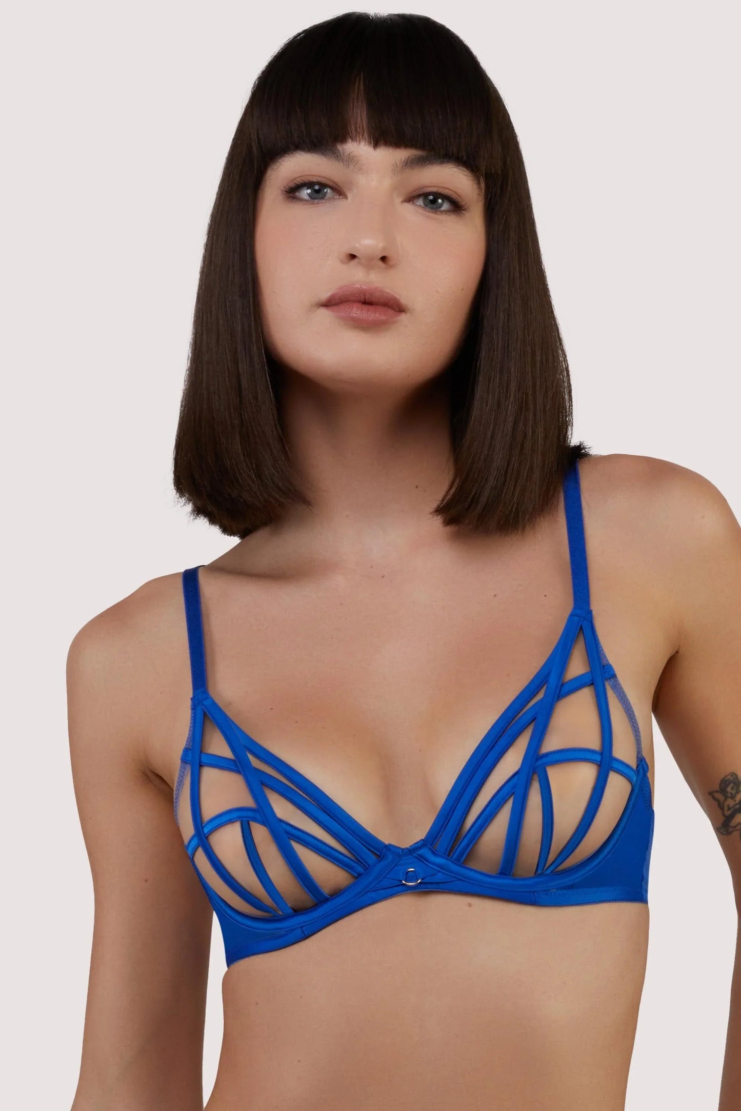 Ramona Strap Detail Illusion Mesh Plunge Bra In Cobalt - Playful Promises