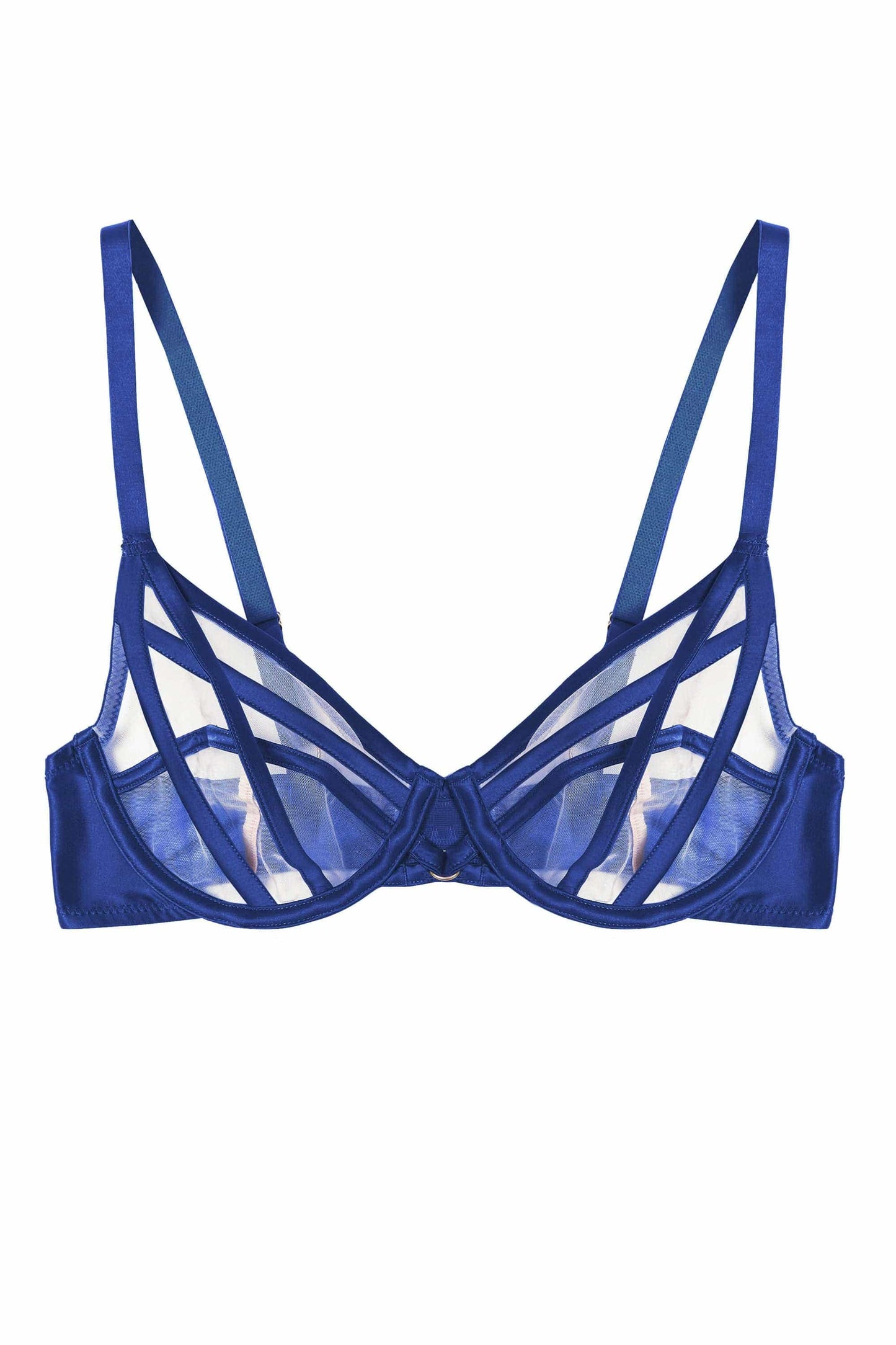 Ramona Strap Detail Illusion Mesh Plunge Bra In Cobalt - Playful Promises