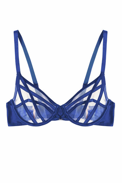 Ramona Strap Detail Illusion Mesh Plunge Bra In Cobalt - Playful Promises