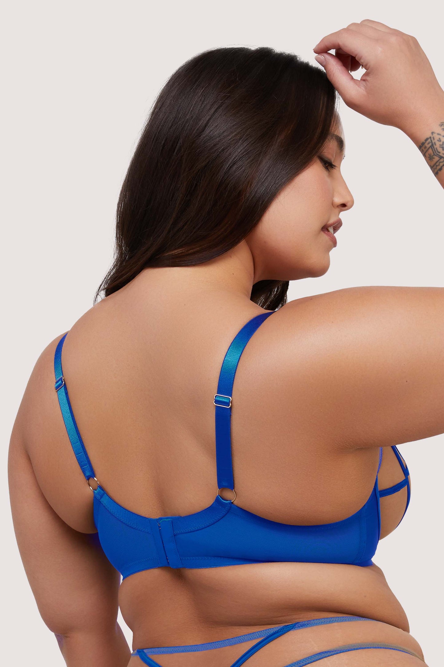 Ramona Strap Detail Illusion Mesh Plunge Bra In Cobalt - Playful Promises