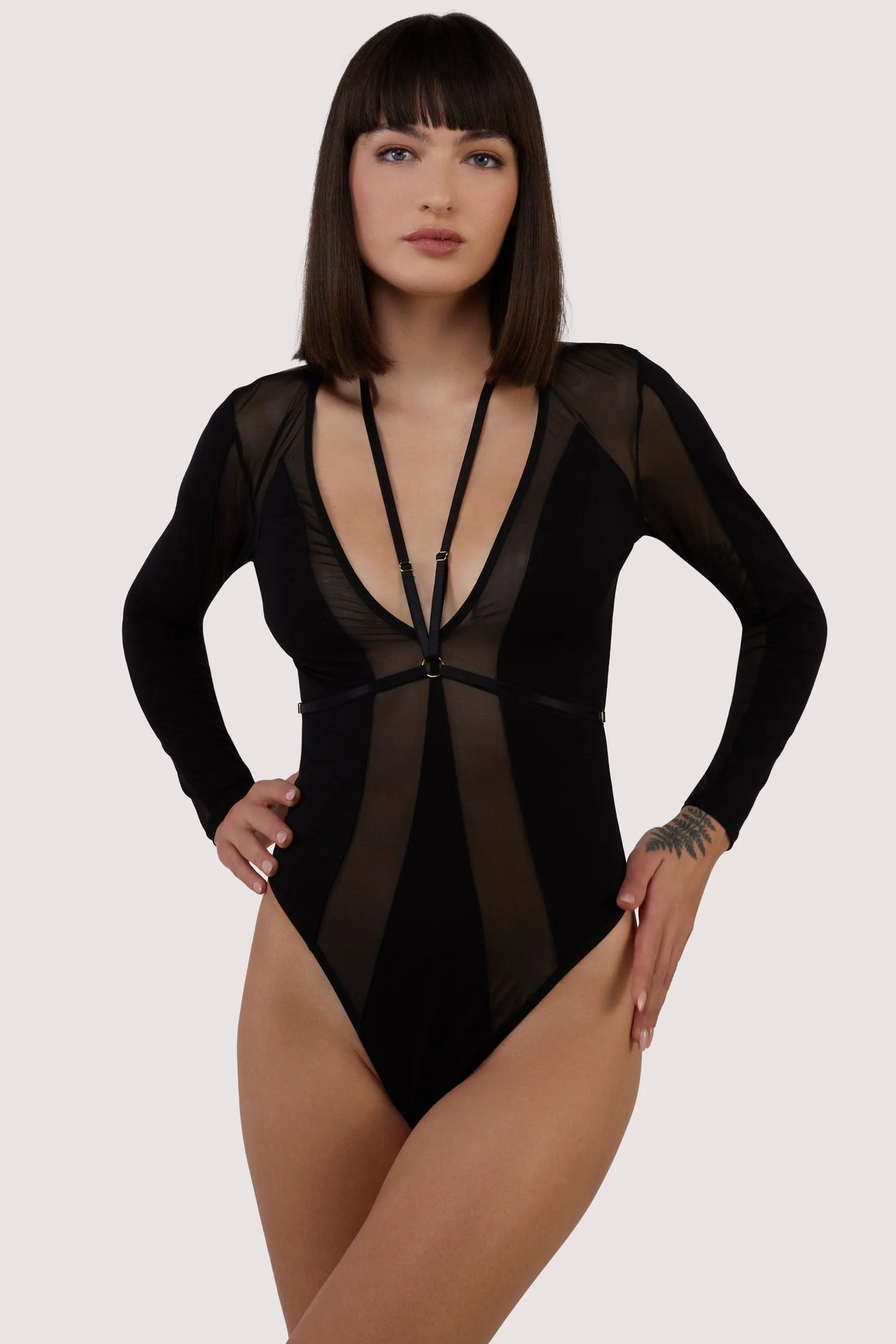 Morgan Panelled Mesh And Micro Plunge Body In Black - Wolf & Whistle