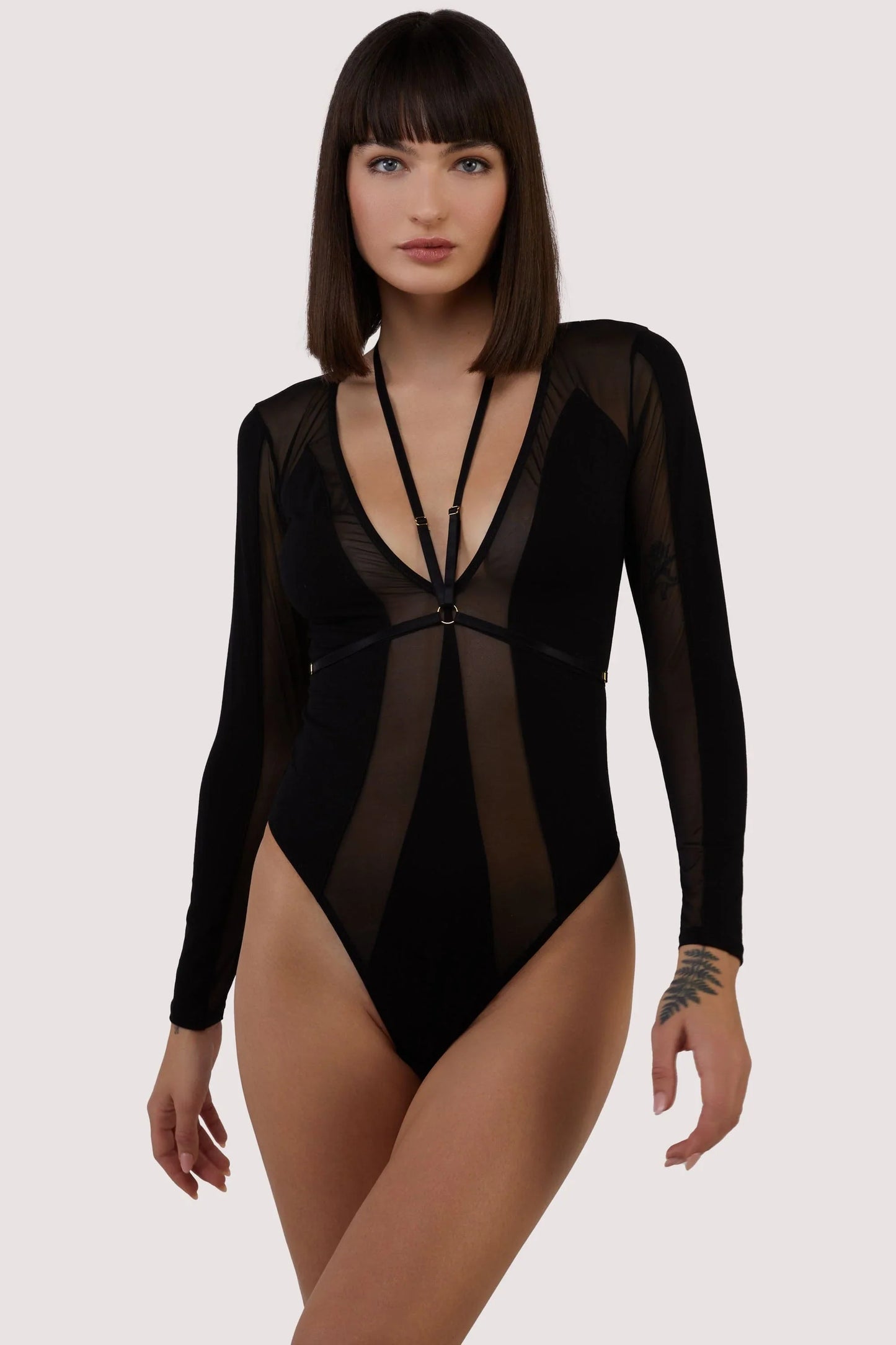 Morgan Panelled Mesh And Micro Plunge Body In Black - Wolf & Whistle