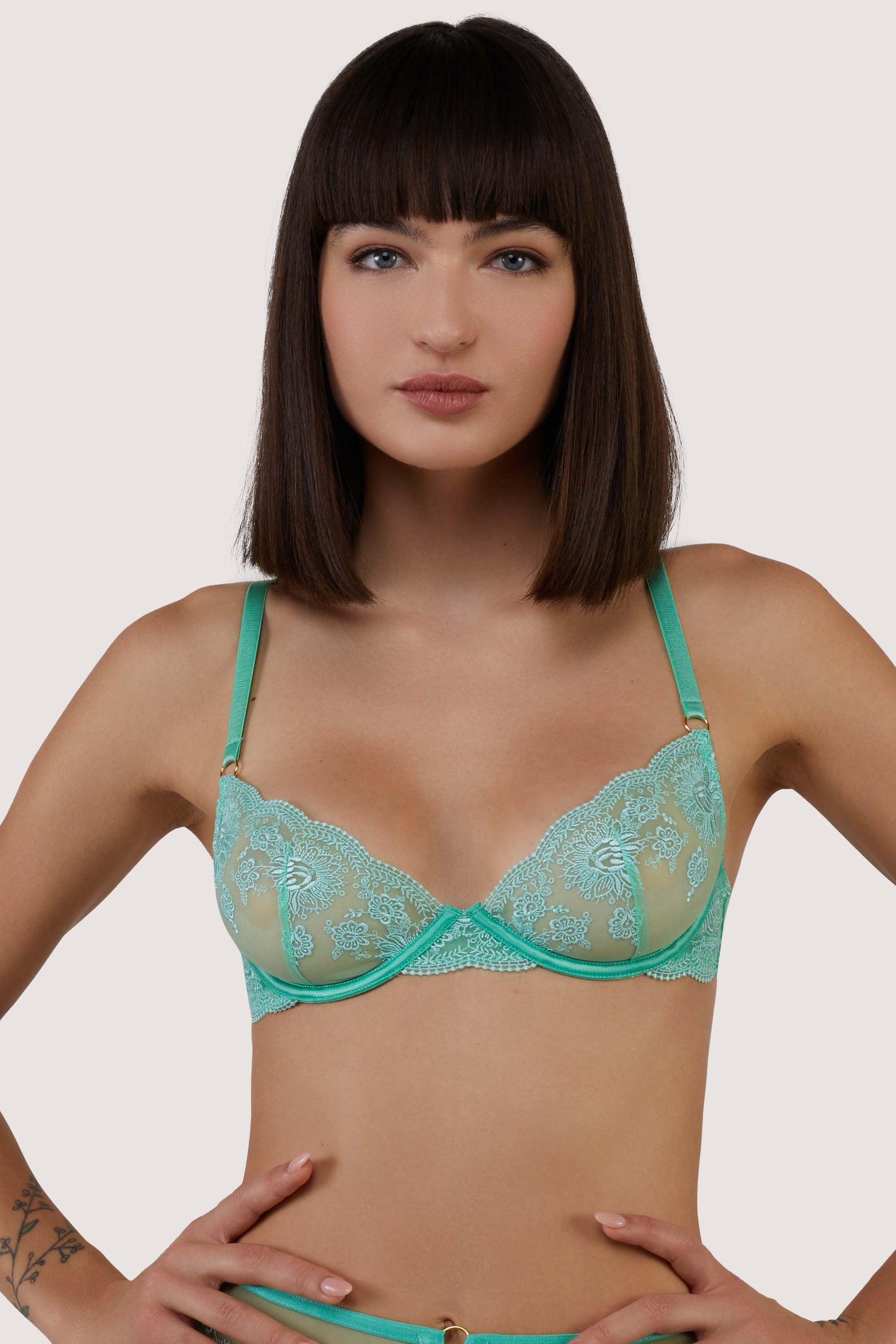 Sarina Embroidery Strap Plunge Bra In Green - Wolf & Whistle - BraTopia