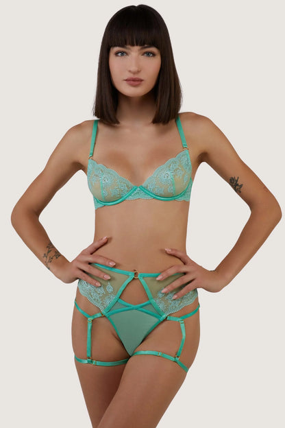 Sarina Embroidery High Waist Suspender Brief In Green - Wolf & Whistle - BraTopia