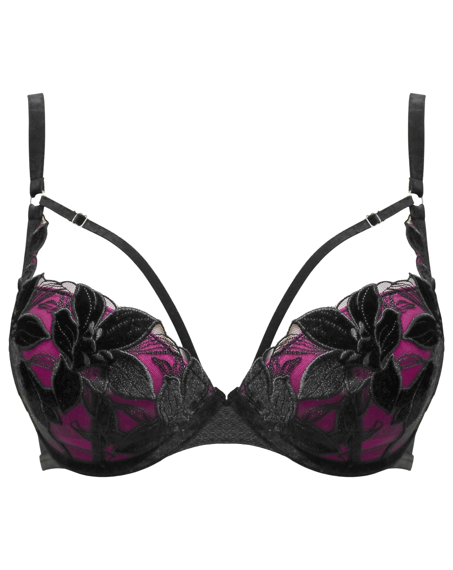 Icon Padded Underwired Plunge Bra In Black & Fuchsia - Pour Moi