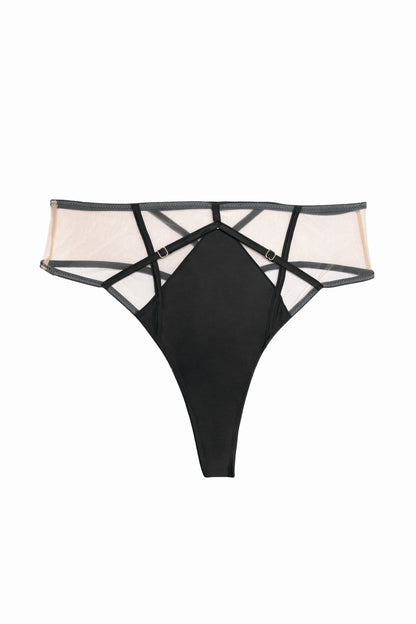 Ramona Strap Detail Illusion Mesh High Waisted Thong In Black - Playful Promises